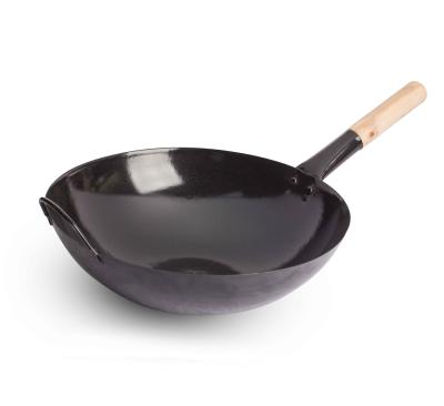 China Sustainable Kitchen Cooking Pan Wok Pan Enamel Pan With Wood Handle for sale