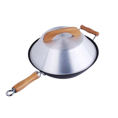 China Sustainable Flat Bottom Carbon Steel Chinese Wok With Wooden Handle for sale