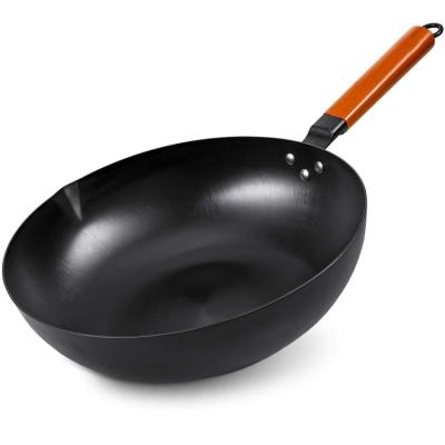 China Sustainable OE Hand Hammered Carbon Steel Wok With Wooden Handle for sale