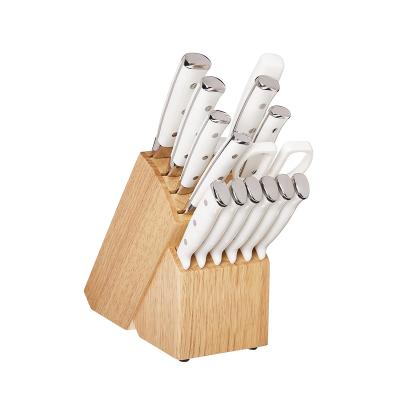 China 15 Pcs Sustainable High Quality Classic Forged Triple Rivet Kitchen Knife Set White ABS Handle With Wood Block for sale