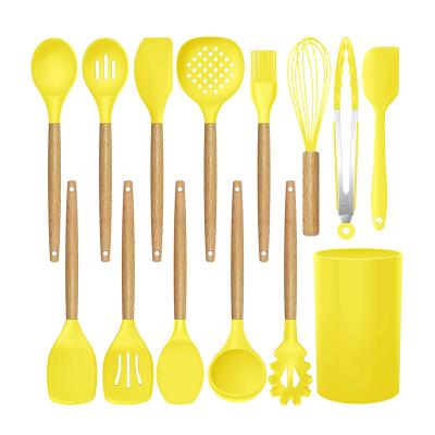 China 14 Pcs Household Kitchen Viable Custom Made High Quality Silicone Cookware Set With Heat Proof Handle Black Silicon Wood Rack for sale