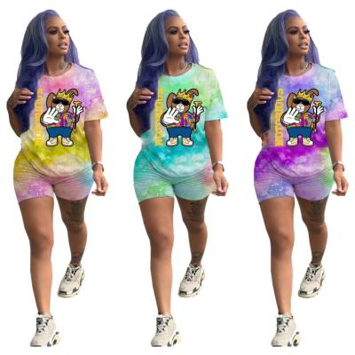 China PJ2580A Breathable Womens Fashion Casual Tie Dye Cartoon Print Short Sleeve Womens Shorts 2 Piece Sets for sale