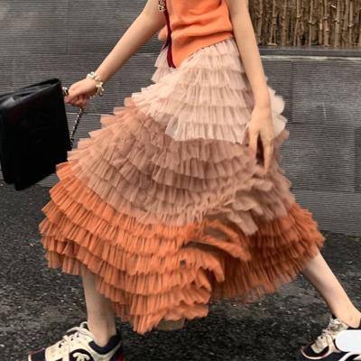 China LM0383A Mesh Cake Gradient Skirt Fashion Lady Breathable Colorful Multilayer Mid Length Long Net Yarn Skirts for sale