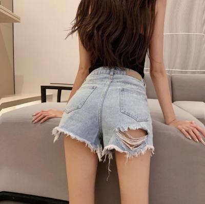 China LM8667Q Breathable Summer Ripped Denim Shorts Lady Hot Pants Wide Leg Shorts Women Clothing for sale