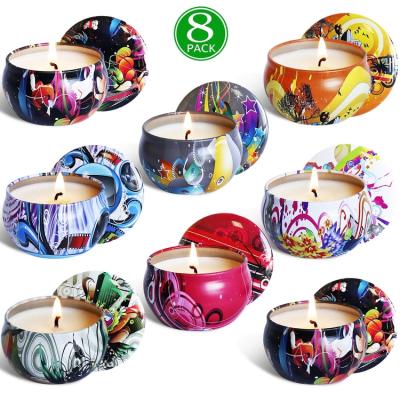 China Scented Colorful Gift Box Set 8 Holiday Soy Wax Scented Round Candles Party Holiday Candles for sale