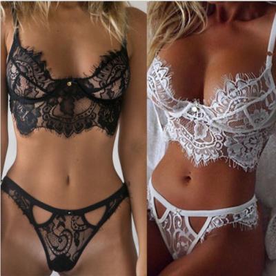 China Both Breathable 2 Piece Sexy Lace Up Gather Cavity 3/4 Cup Adult Women Lingerie Underwear Bra And Brief Sets With Eyelash Tassel for sale