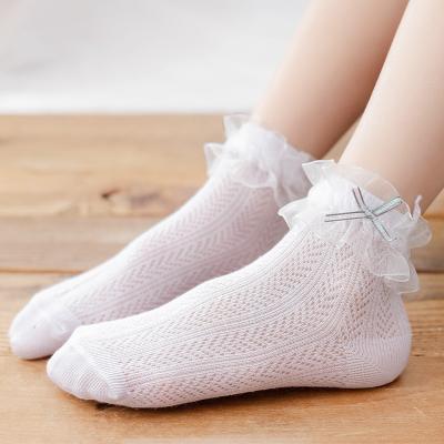 China Breathable fine delicate lace-up cozy fluffy nylon and sweat-absorbent spandex baby socks and hosiery with ruffles for sale