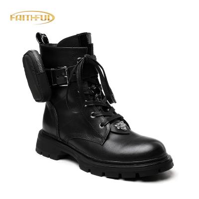 China Other Cool Black Leather Fashion Riding Boots Motorcycle With Belt Bag Waterproof Zipper Short Boots Women Shoes for sale