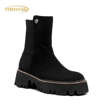 China Other Black Goat Suede Women's Platform Boots Thermal Round Toe Ankle Boots Women Zipper Flat Heels Boots For Ladies for sale