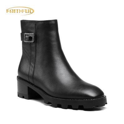 China Thermal Casual Black Calf Leather Booties Ankle Boots Women Shoes Square Toe Side Zipper Block Heel Short Boot For Ladies for sale