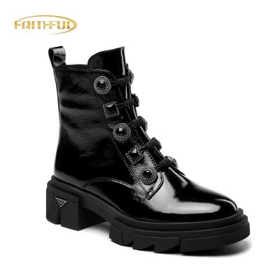 China Thermal Good Quality Rhinestone Ladies Ankle Boots Wrinkle Patent Leather Flat Heel Female Combat Boots Glitter Shoes Round Toe for sale