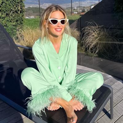 China Online Store Hot Selling Green Lap QUICK DRY Long Down Collar Tops Knitted Female Sets With Pants Feathers Casual Wome Pajamas 2022 for sale