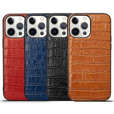 China Amazon Crocodile Pattern Shockproof Hot Selling Genuine Leather Phone Case For Iphone 13 14 ProMax for sale