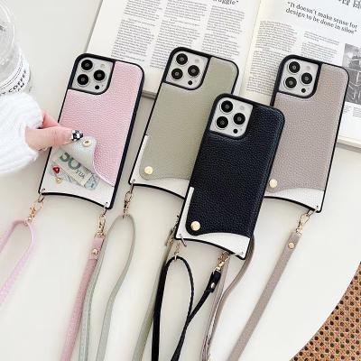 China Custom Shockproof Litchi Simple Leather Pattern Waterproof Mobile Phone Case For Iphone 13 Iphone 11/12promax Card Wallet Case for sale