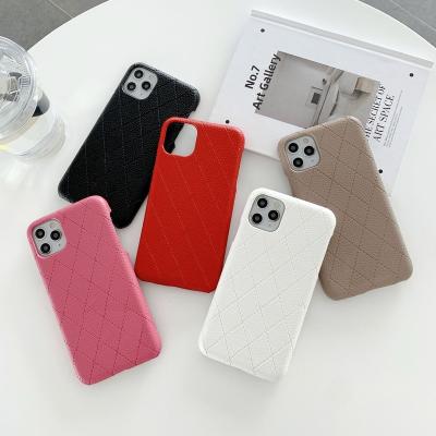 China Shockproof Fashionable Premium Real Leather Cell Phone Case For Iphone 11 promax 12 13 Leather Rhombic Protective Shell for sale