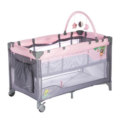 China Salling EN716 Certificate Modern Warm Folding Travel Baby Playpens With 2 Wheels Portable Crib for sale