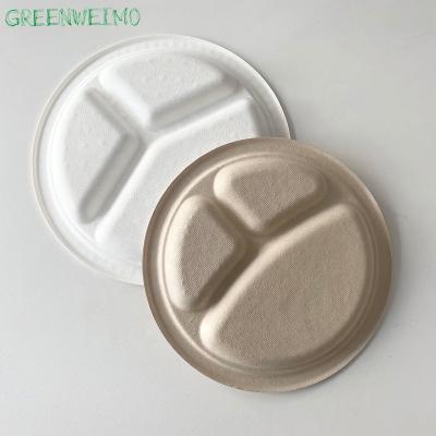 China 3 Round Grid Bagasse Disposable Eco Friendly Biodegradable Fast Food Dinner Dishes And Dishes for sale