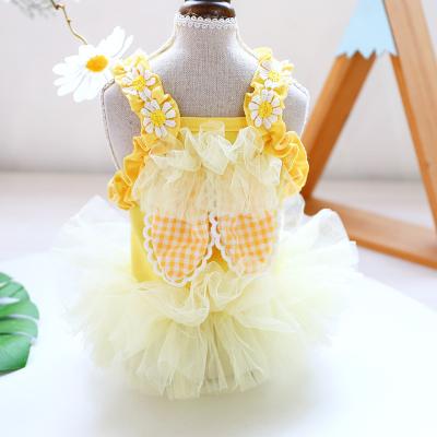 China Viable Yellow Plaid Dog Dresses With Flower Fashion Dog Clothes Striped Mesh Puppy Dog Princess Dresses Tutu Skirt for sale