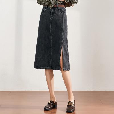 China New Retro Breathable Gray Mid Length High Slit Mid Length Waist Denim Smoke A-line Skirt for sale