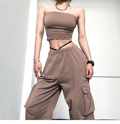 China Slim chest-wrapped back anti-pilling solid color summer slim suit vest strap tidal tidal naked umbilical two-piece casual jumpsuits all-match for sale