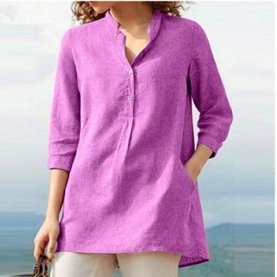 China Anti-pilling Women's Solid Color Three Quarter Sleeves Stand-Collar Cotton And Casual Pullover Canvas Shirt for sale