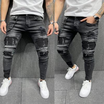 China Straight Men Ripped Jeans Slim Fit Fashion Bandage Stretch Skinny Jeans Slim Pants for sale