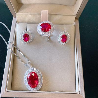 China Elegant Three Piece Lead Free Nickel Free Zircon Ruby Necklace Earrings Jewelry Set For Banquet Rings S925 Sterling Silver Jewelry Set Classic for sale