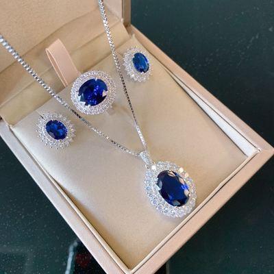 China Three Rings Lead Free Nickel Free S925 Sterling Silver Jewelry Set Fashion Tanzanite Elegant Sapphire Jewelry Set For Banquet of Pieces Necklace Earrings for sale