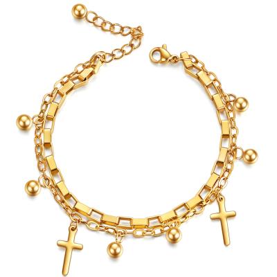 China Nickel Newest Lead Free Cross Gold Plated Cross Bracelet Jewelry 316L Stainless Steel Charm Bracelet Double Layers For Women for sale