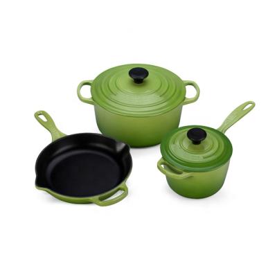 China Sustainable Handmade Enamel Cast Iron Cookware Pan And Pot Set for sale