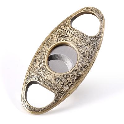 China Travel Minimalist Portable Stainless Steel Blade Sharp Antique Engraved Logo Double Guillotine Cigar Cutter Scissors for sale