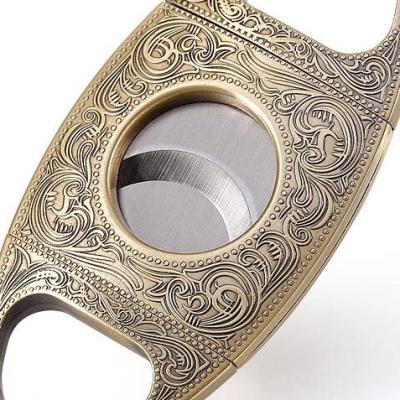 China Minimalist Carving Pattern Logo Double Guillotine Cigar Cutter Custom Made With Sharp Stainless Steel Blade Knife for sale