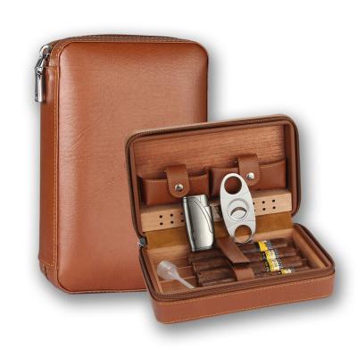 China High Quality Rechargeable Portable Cigar Brown Cigar Box Humidors 4-Finger Leather Case Holder With Custom Logo for sale