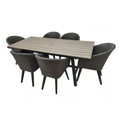 China New Modern Design Faux Wood Top Dining Table Set Outdoor Furniture Wood Table Chair Set For Garden for sale