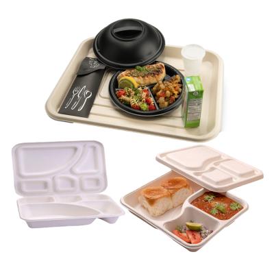 China Biodegradable 6 Compartment Eco Friendly Lunch Bagasse Bento Rice Lunch Food Packaging Disposable Biodegradable Disposable Tray With Lid for sale