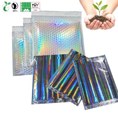 China Eco-Friendly/Organic Based/Sustainable/Compostable/Plant Based/D2W Customized Hologram Foil Mailing Envelope Holographic Cosmetic Packaging Bubble Padded Mailing Envelopes for sale