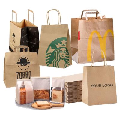 China Recyclable Custom Printed Your Own Logo Carrier To Go Restaurant Food Delivery Packaging Kraft Paper Lunch Takeaway Takeaway Paper Bags for sale