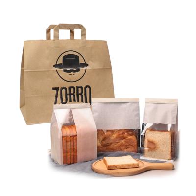 China Wholesale Recyclable No Handle Custom Printed Bakery Bread Cake Takeout Packaging With Window Food Delivery Brown Kraft Takeout Bag for sale