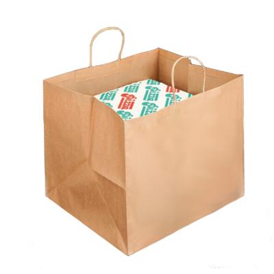 China OEM Logo Big Large Square Wide Recyclable Cutlery Sushi Sandwich Base Supply Pizza Take Out Brown Kraft Paper Bags For Food With Handle for sale