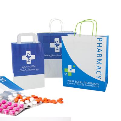 China Recyclable Custom Logo Local Generic Pharmacy Medical Illness Printed Flat / Twisted Handles Carrier White Kraft Paper Bags For Medicine for sale