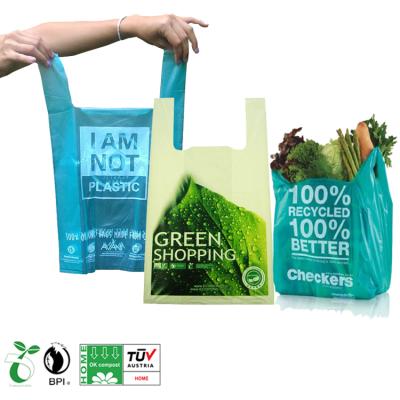 China Supermarket BIODEGRADABLE Single Layer T-shirt Grocery Compost Biodegradable Logo Biodegradable Plastic Bags Bio Shopping Carrier Ecobag for sale