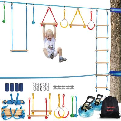 China Kids Climbing Ninja Warrior Obstacle Backyard Training Game Kids Race Set 50 Feet Slackline Rings Outdoor Indoor Gym for sale