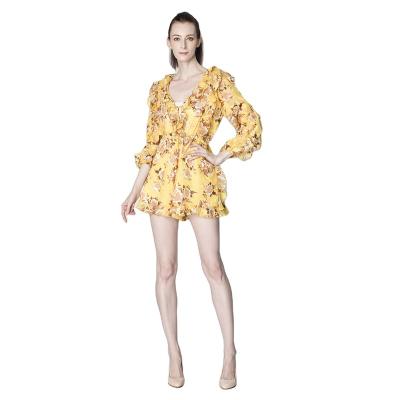 China Ladies Spring Autumn Ruffles Long Sleeve One Piece QUICK DRY Set Adult Casual Floral Print Overalls Wrap V-Neck Romper Front Pants for sale