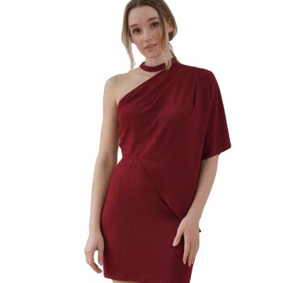 China Anti-wrinkle Women Spring Wine Red Slim Mini Dress One Shoulder O Neck Cocktail Dress Solid Color for sale