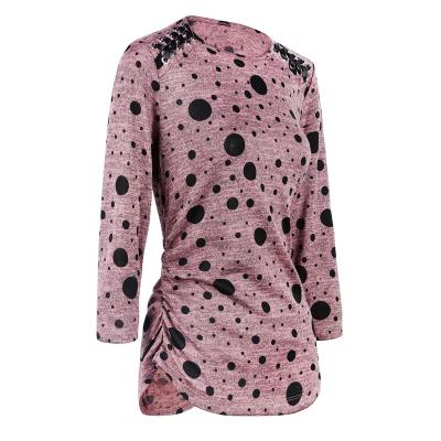 China Anti-wrinkle PLUS SIZE 3/4 Sleeve PU Ladies Casual Tops Lace Up With Dot Printed Women Round Top for sale