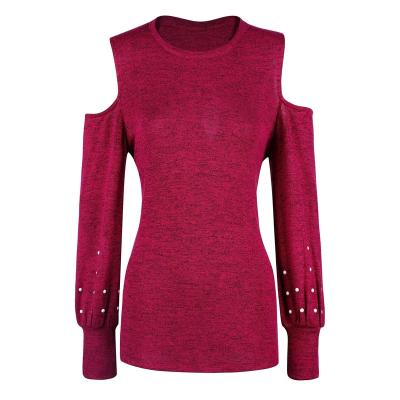 China Anti-wrinkle fashion design casual women tops pearl trim long sleeve T-shirt for sale