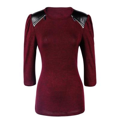 China Anti-wrinkle Girls Casual Long Sleeve Top Leather Yoke With Zipper T-Shirt for sale