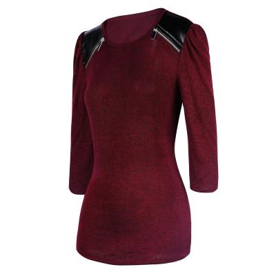 China Anti-wrinkle Girls Casual Long Sleeve Knitted Leather Top Women With Zipper T-Shirt for sale