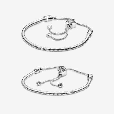 China CLASSIC 925 Sterling Silver Moments Pave CZ Adjustable Heart Chain Snake Clasp Star Stone Bracelet Slider Chain Fit Pan Charm for sale