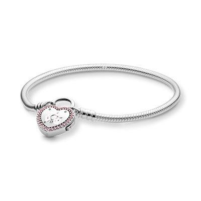 China CLASSIC 925 Sterling Silver Moments Heart Padlock Clasp Snake Chain Bracelet Pink Zircon Stone Love Pendant Bracelet Fit Pandoraer Charm for sale